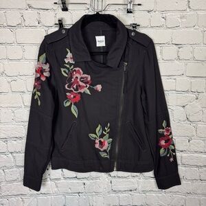 Kensie Black Denim Jean Bomber Moto Jacket with Floral Embroidery Sz Medium